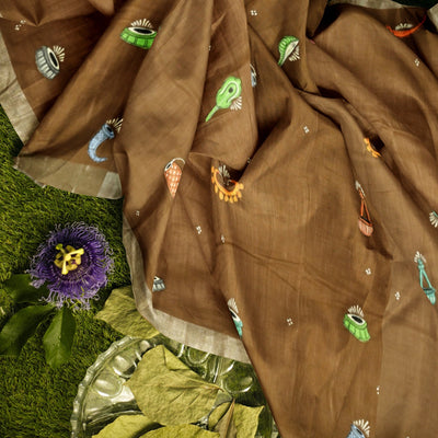 Caramel Musical Theme Hand-Painted Pattachitra Saree