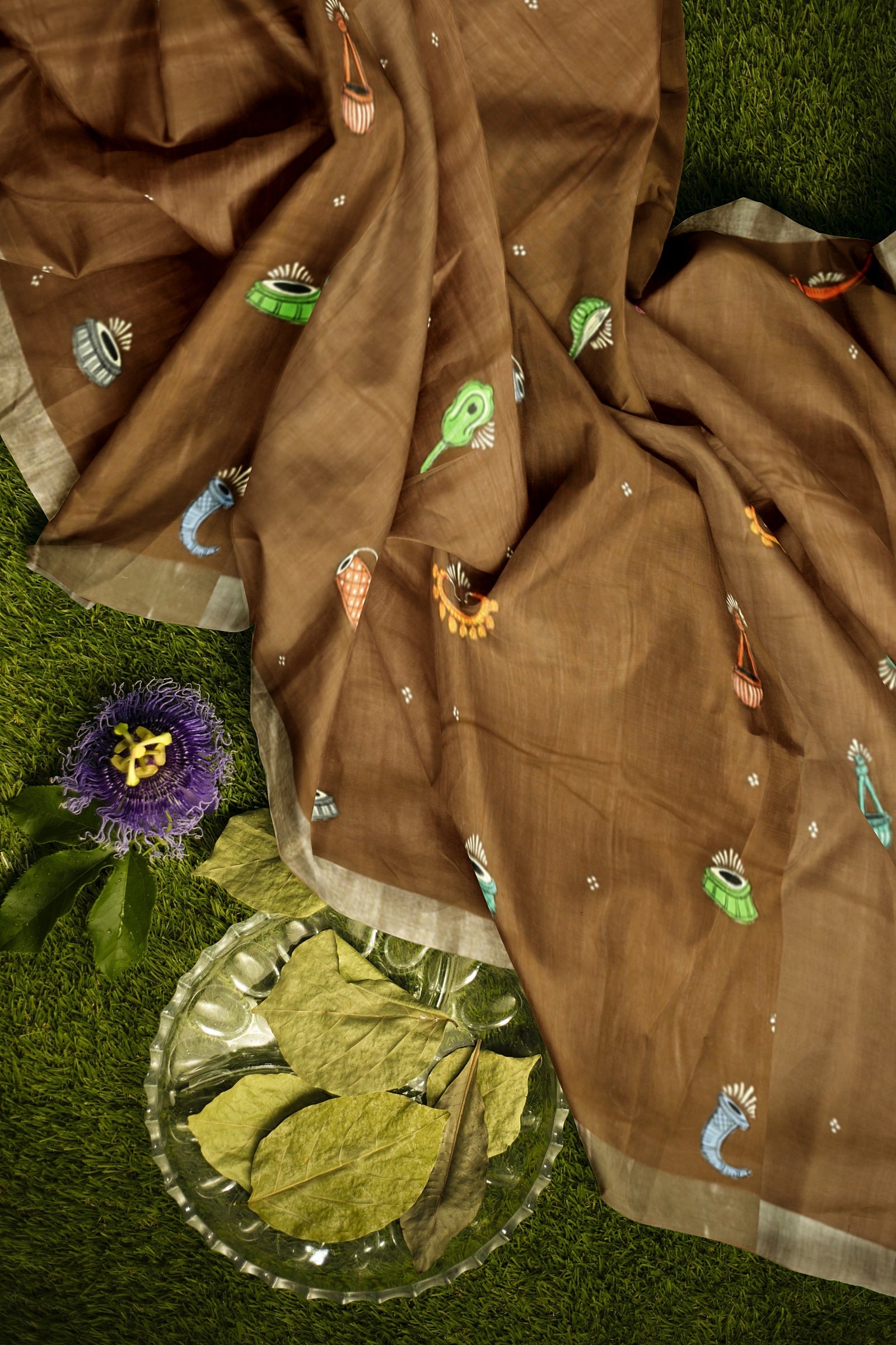 Caramel Musical Theme Hand-Painted Pattachitra Saree