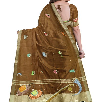 Caramel Musical Theme Hand-Painted Pattachitra Saree