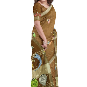 Caramel Musical Theme Hand-Painted Pattachitra Saree