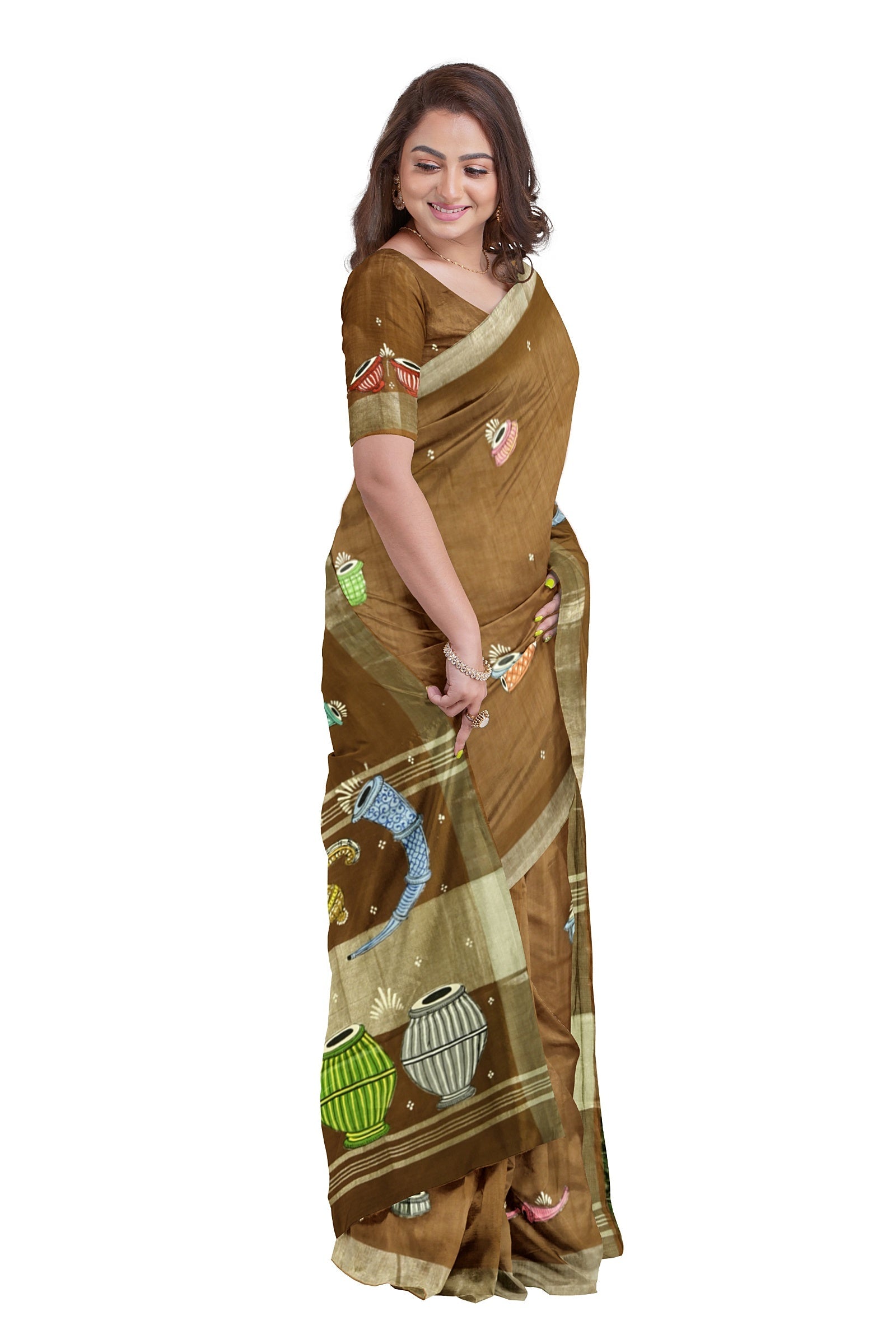 Caramel Musical Theme Hand-Painted Pattachitra Saree