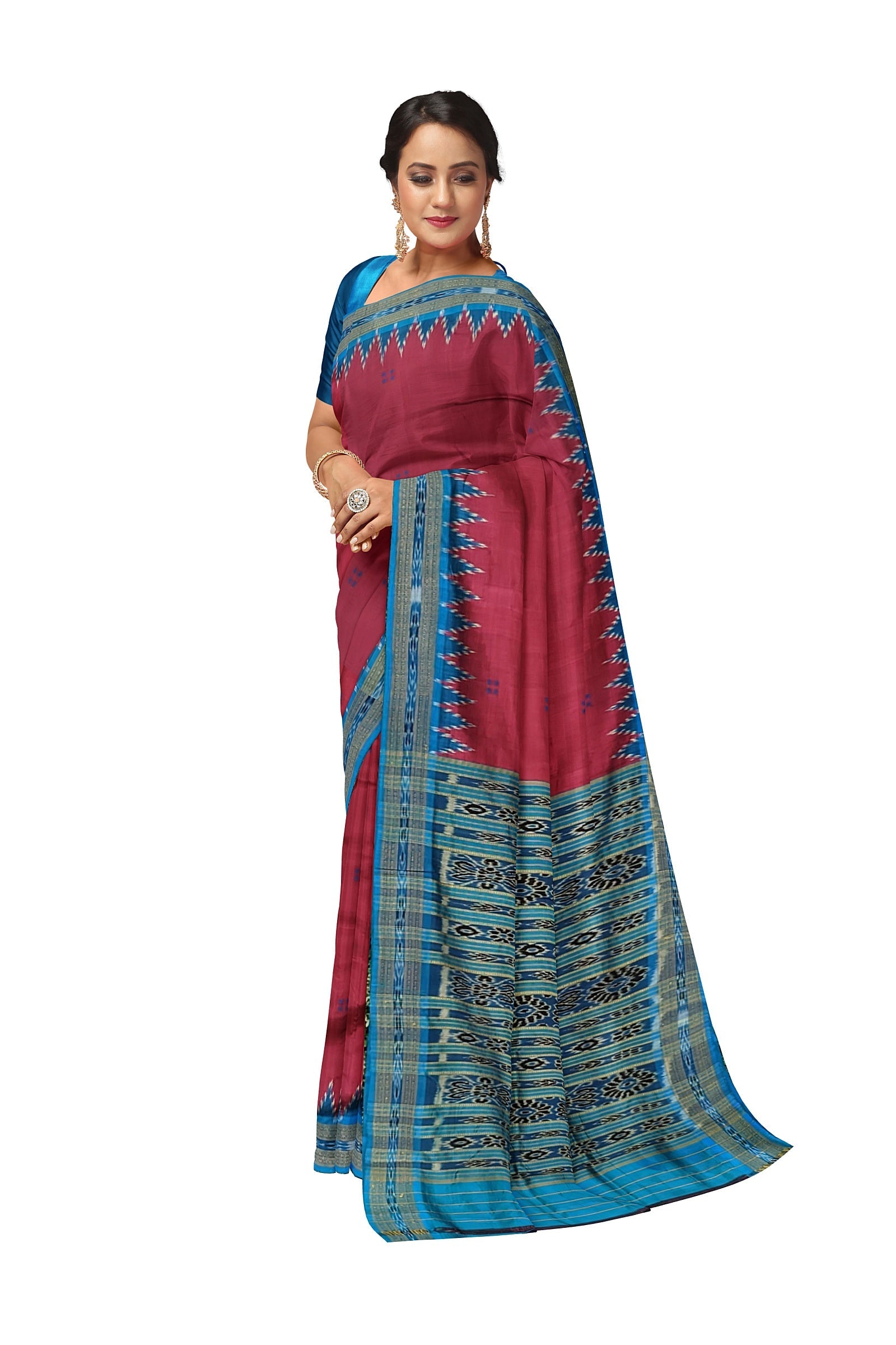 Maroon Phoda Kumbha Butta Design Odisha Ikat Khandua Silk Saree