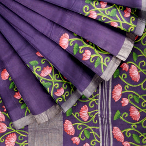 Blue Lotus Theme Hand-Painted Pattachitra Saree