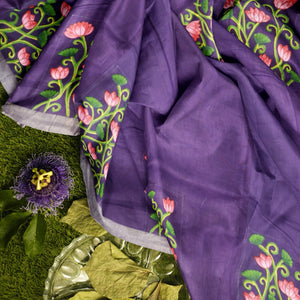 Blue Lotus Theme Hand-Painted Pattachitra Saree