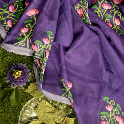 Blue Lotus Theme Hand-Painted Pattachitra Saree