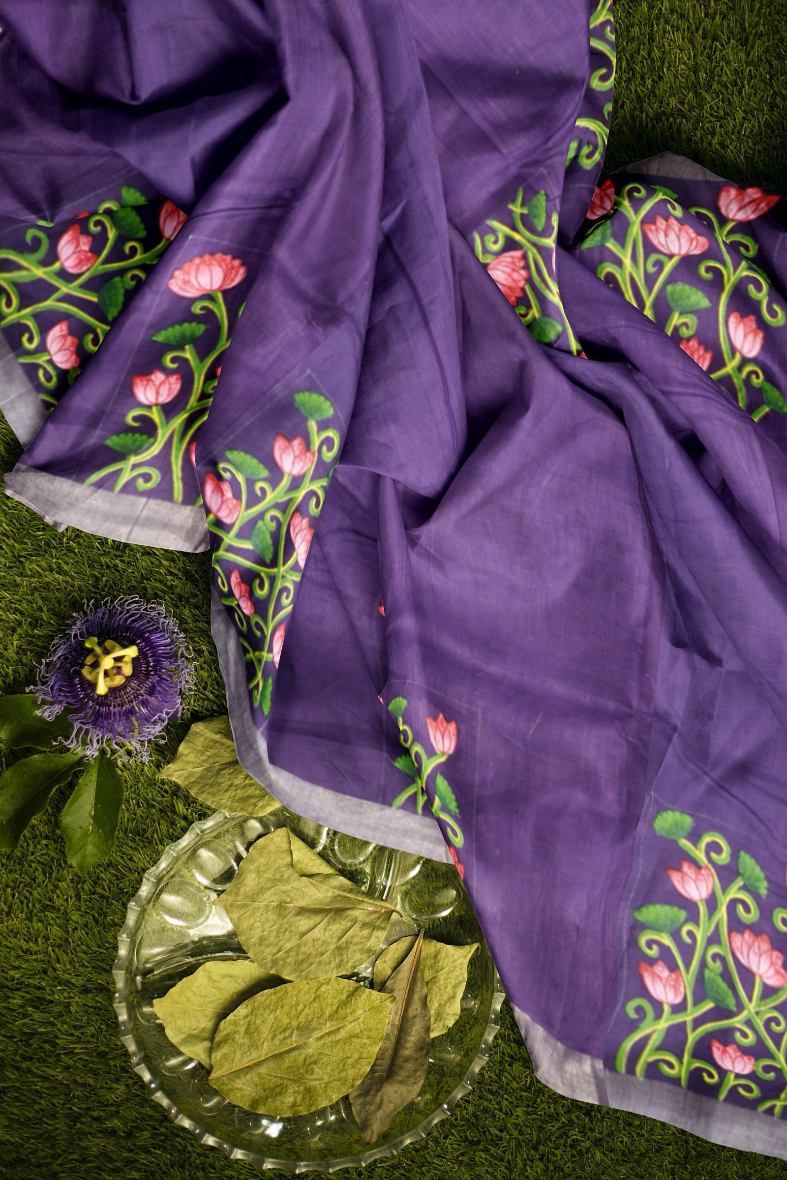 Blue Lotus Theme Hand-Painted Pattachitra Saree