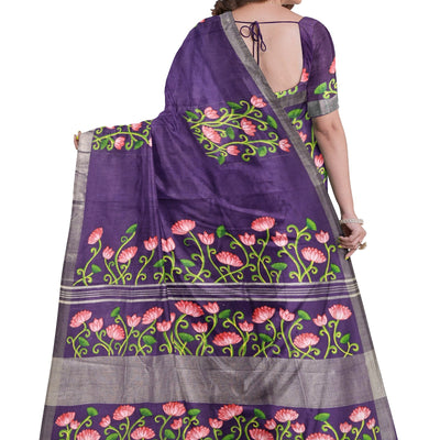 Blue Lotus Theme Hand-Painted Pattachitra Saree