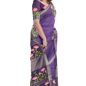 Blue Lotus Theme Hand-Painted Pattachitra Saree