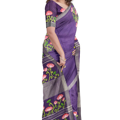 Blue Lotus Theme Hand-Painted Pattachitra Saree