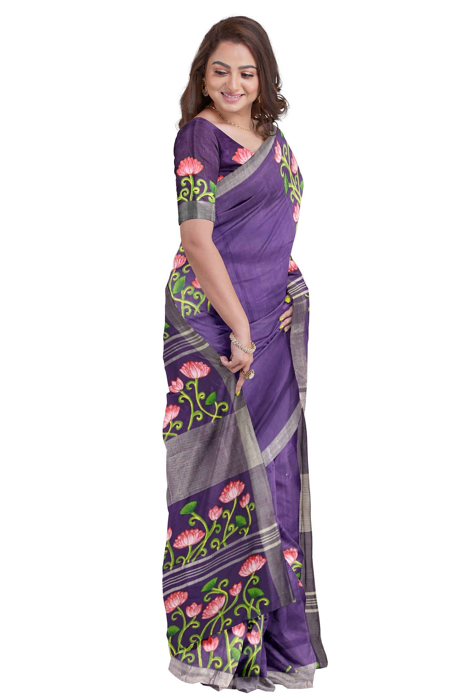 Blue Lotus Theme Hand-Painted Pattachitra Saree