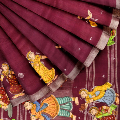 Magenta Doli Barat Theme Hand-Painted Pattachitra Saree