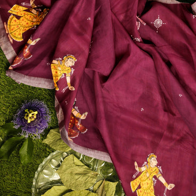 Magenta Doli Barat Theme Hand-Painted Pattachitra Saree
