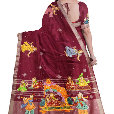 Magenta Doli Barat Theme Hand-Painted Pattachitra Saree