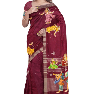 Magenta Doli Barat Theme Hand-Painted Pattachitra Saree