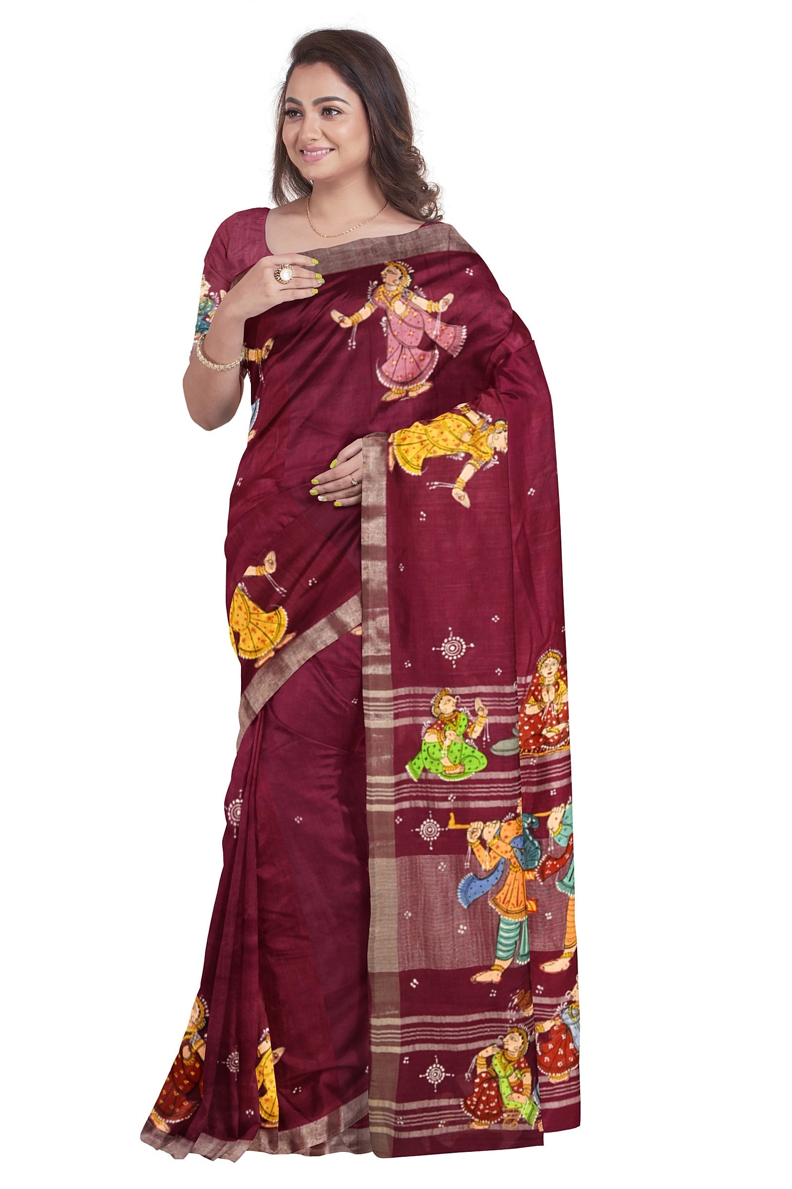 Magenta Doli Barat Theme Hand-Painted Pattachitra Saree