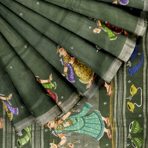 Green Nartaki Theme Hand-Painted Pattachitra Saree(PRE ORDER)