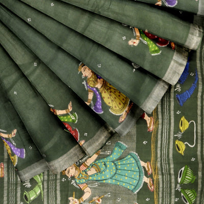 Green Nartaki Theme Hand-Painted Pattachitra Saree(PRE ORDER)