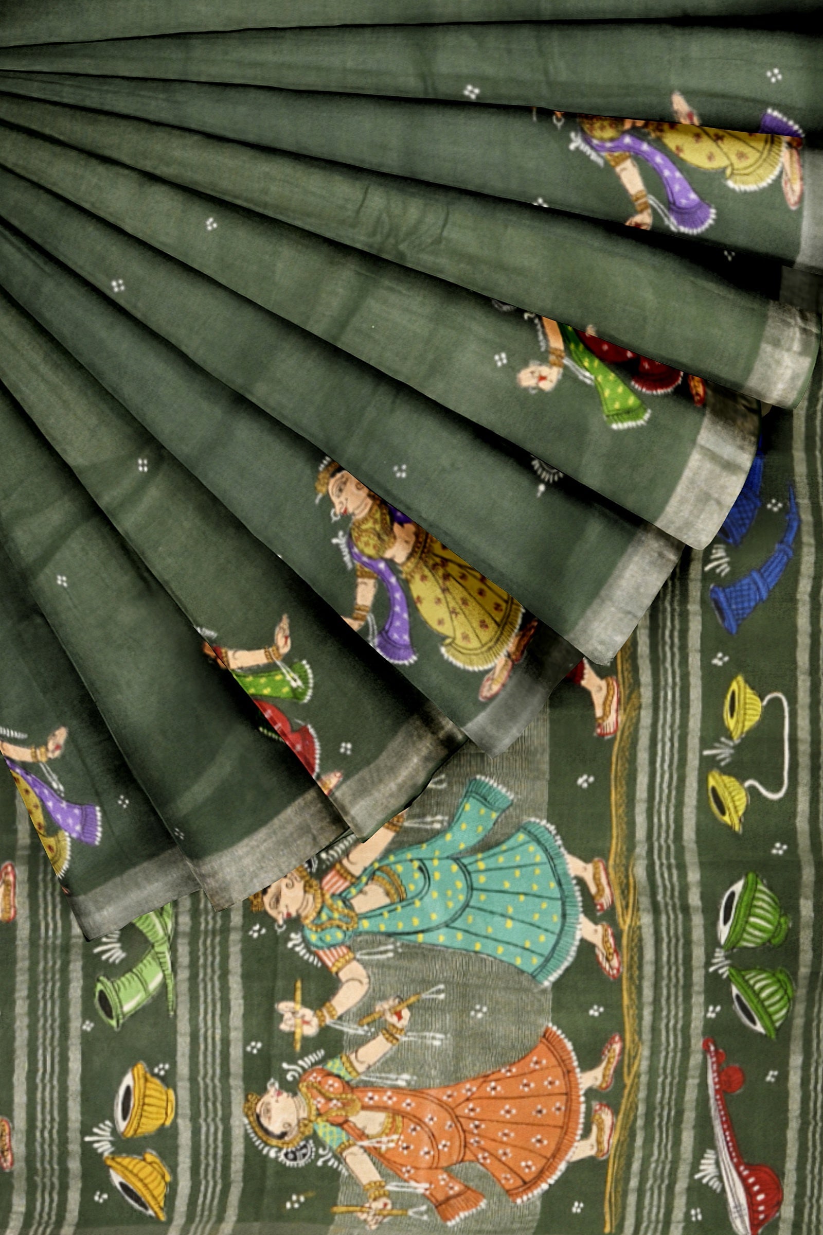 Green Nartaki Theme Hand-Painted Pattachitra Saree(PRE ORDER)