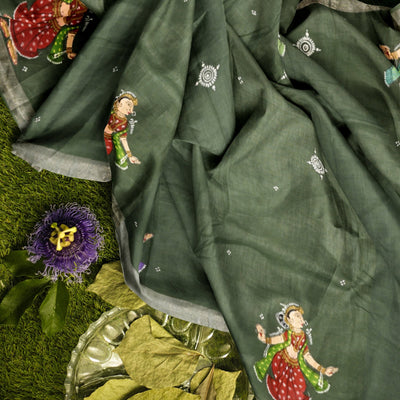Green Nartaki Theme Hand-Painted Pattachitra Saree(PRE ORDER)