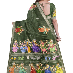 Green Nartaki Theme Hand-Painted Pattachitra Saree(PRE ORDER)