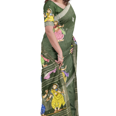 Green Nartaki Theme Hand-Painted Pattachitra Saree(PRE ORDER)