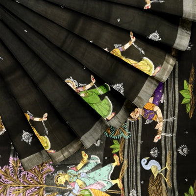 Black Radha Krishna Rasa Theme Hand-Painted Pattachitra Saree