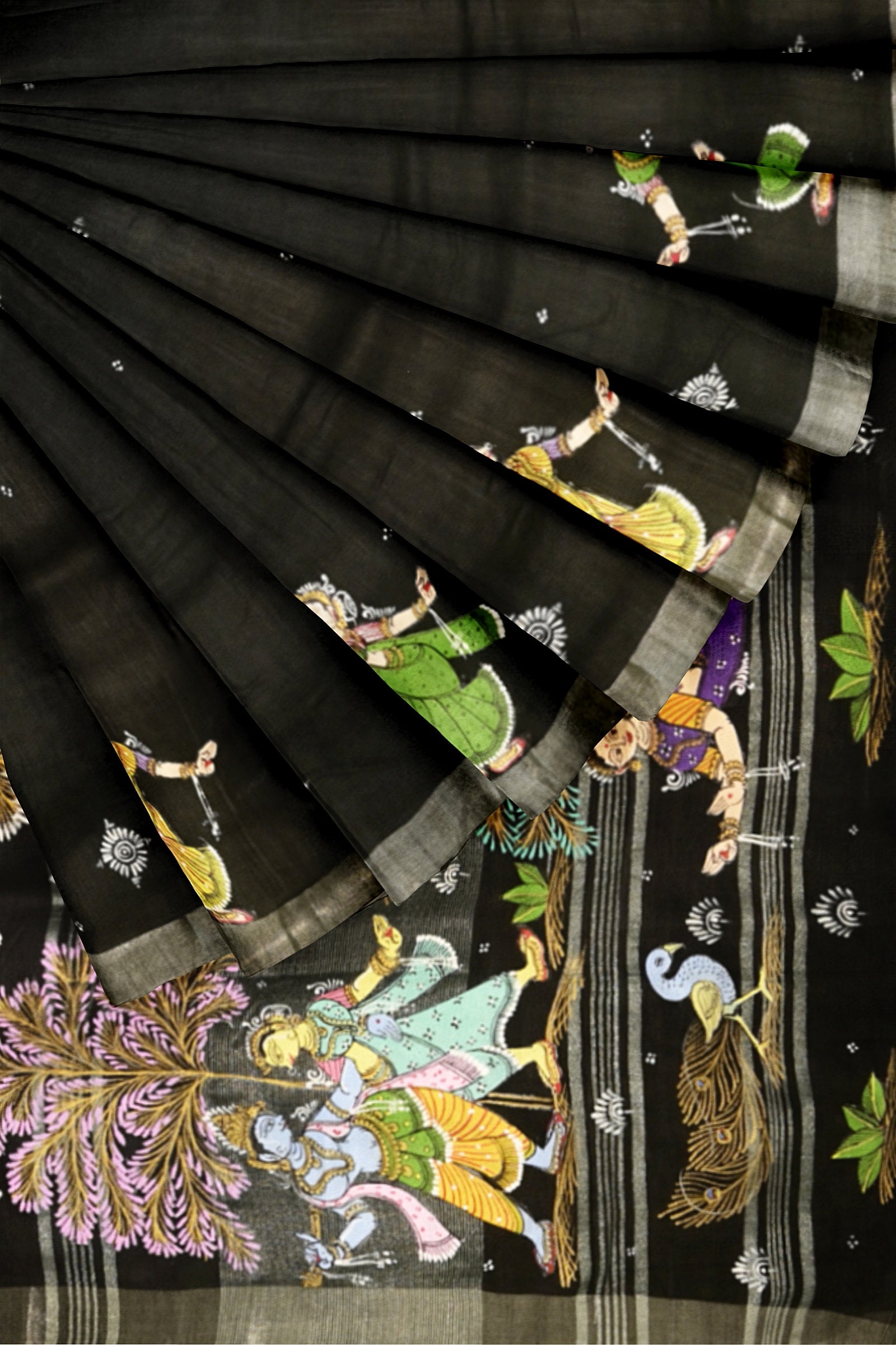 Black Radha Krishna Rasa Theme Hand-Painted Pattachitra Saree