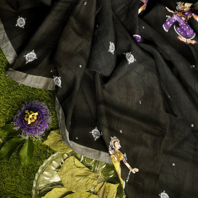 Black Radha Krishna Rasa Theme Hand-Painted Pattachitra Saree