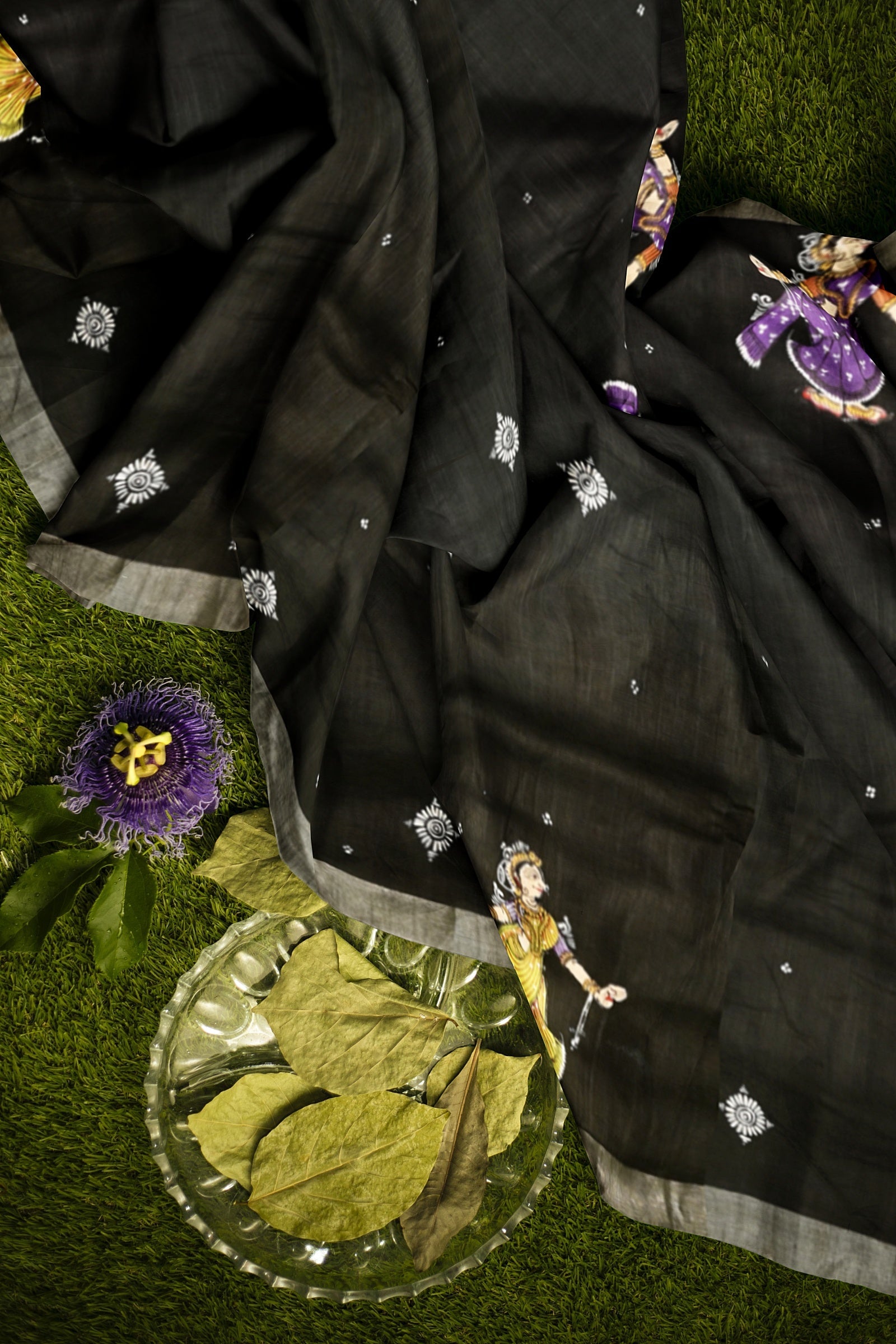 Black Radha Krishna Rasa Theme Hand-Painted Pattachitra Saree