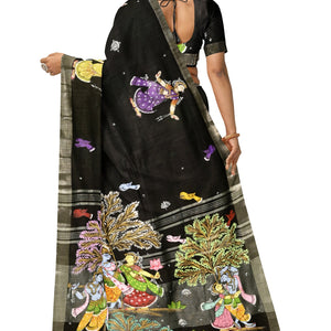 Black Radha Krishna Rasa Theme Hand-Painted Pattachitra Saree
