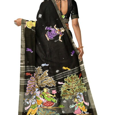 Black Radha Krishna Rasa Theme Hand-Painted Pattachitra Saree