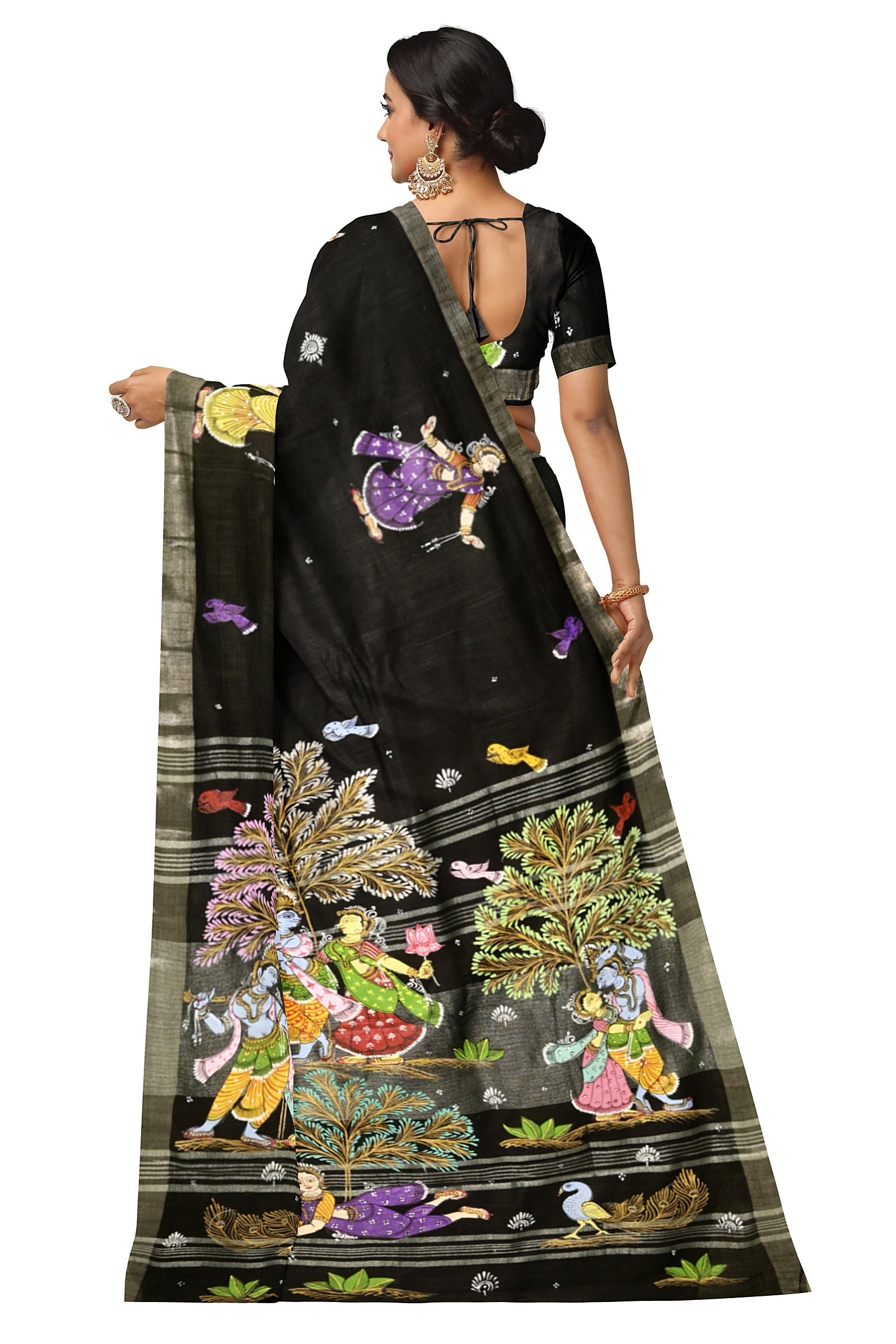 Black Radha Krishna Rasa Theme Hand-Painted Pattachitra Saree