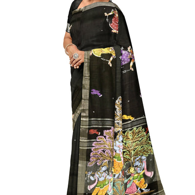 Black Radha Krishna Rasa Theme Hand-Painted Pattachitra Saree
