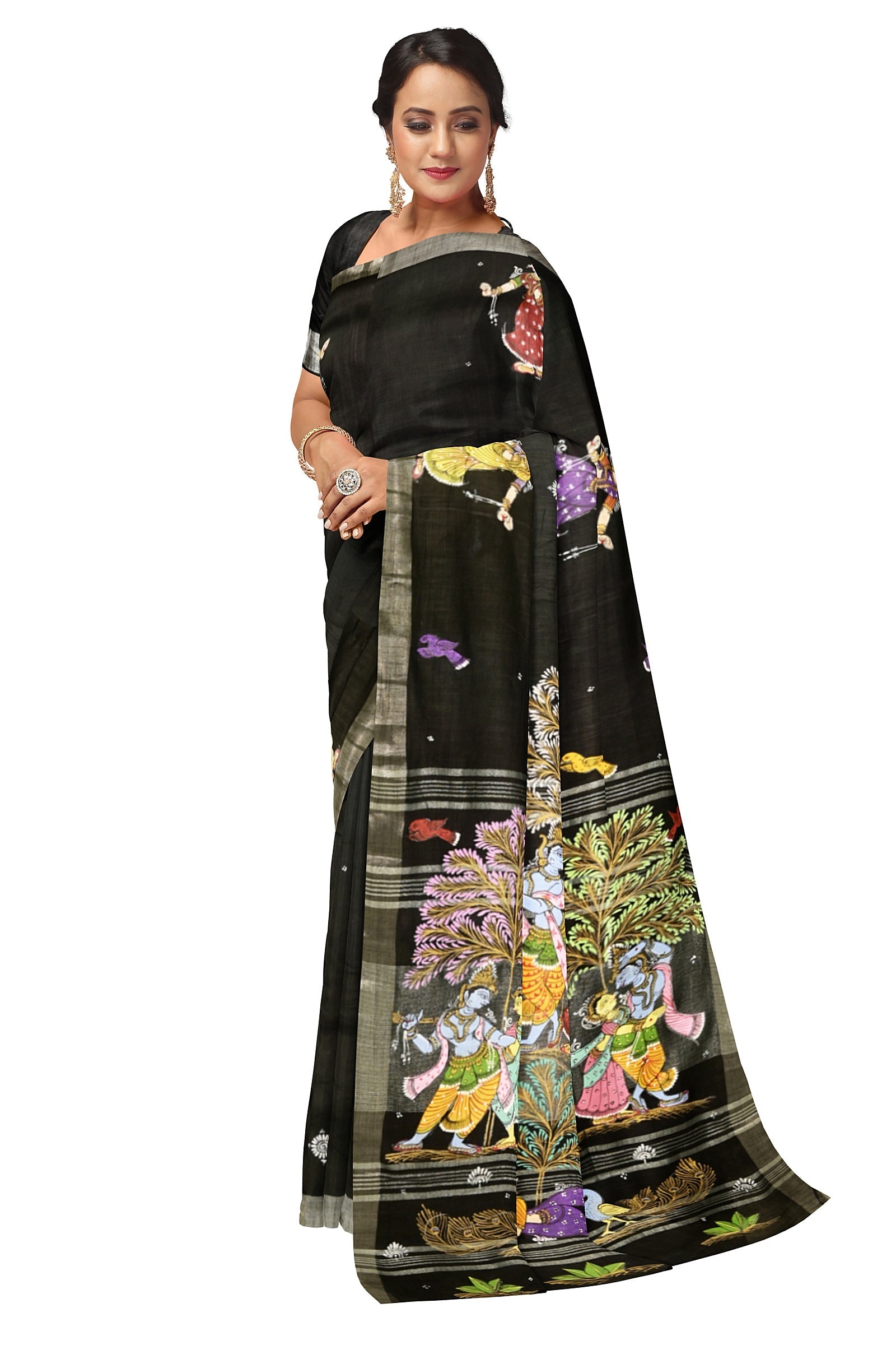 Black Radha Krishna Rasa Theme Hand-Painted Pattachitra Saree