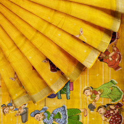 Yellow Palki Theme Hand-Painted Pattachitra Saree (Pre Order)