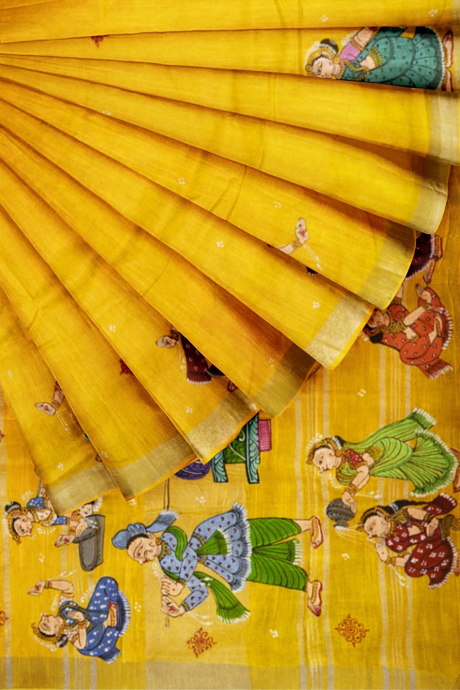 Yellow Palki Theme Hand-Painted Pattachitra Saree (Pre Order)