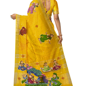 Yellow Palki Theme Hand-Painted Pattachitra Saree (Pre Order)