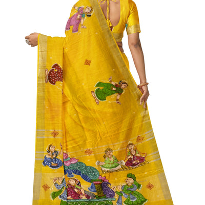 Yellow Palki Theme Hand-Painted Pattachitra Saree (Pre Order)