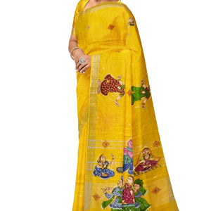 Yellow Palki Theme Hand-Painted Pattachitra Saree (Pre Order)