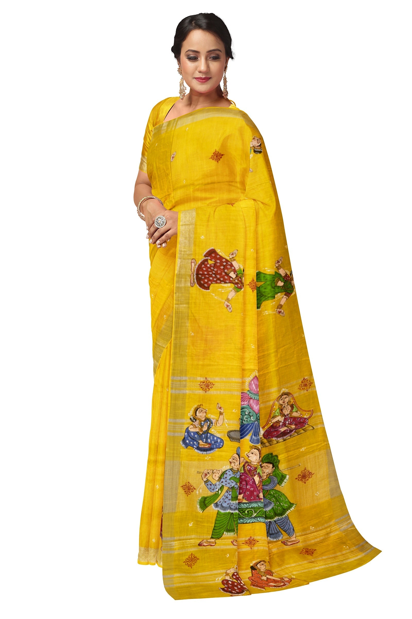Yellow Palki Theme Hand-Painted Pattachitra Saree (Pre Order)