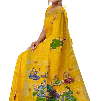 Yellow Palki Theme Hand-Painted Pattachitra Saree (Pre Order)