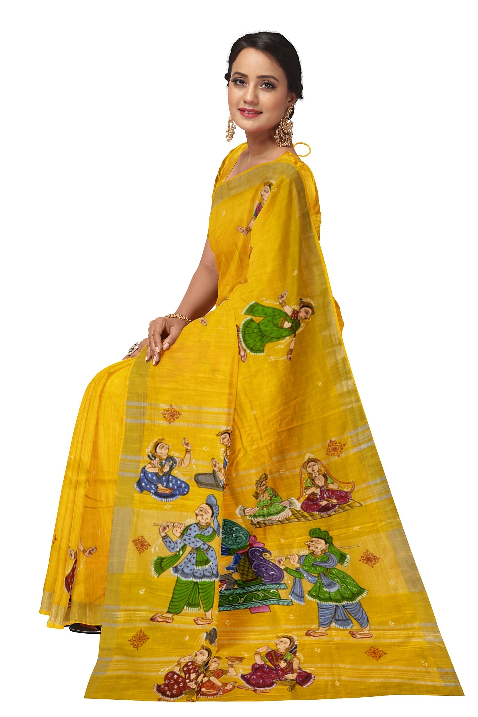 Yellow Palki Theme Hand-Painted Pattachitra Saree (Pre Order)