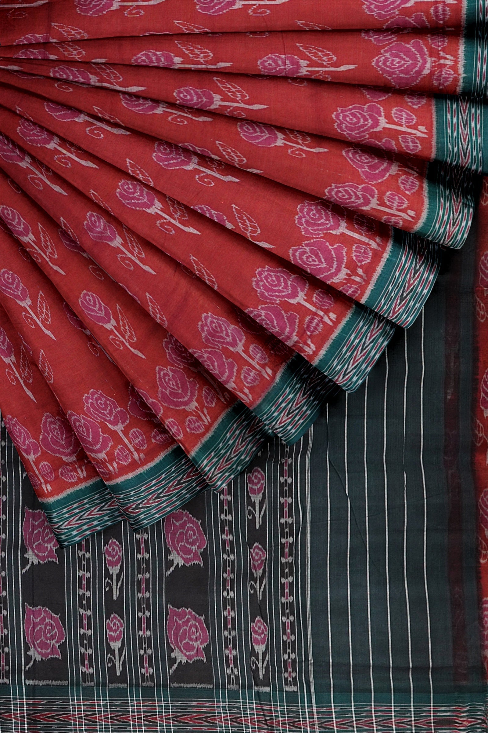 Red Maniabandha Rose Flower Motif Cotton Saree