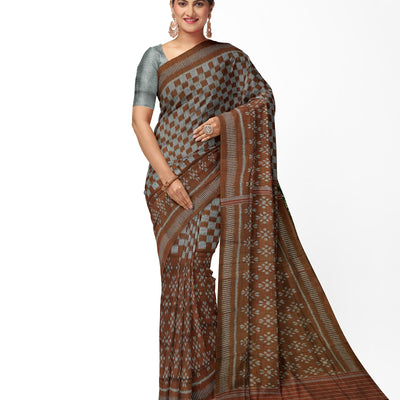 Cupper Grey Maniabandha Flower Motif Cotton Saree