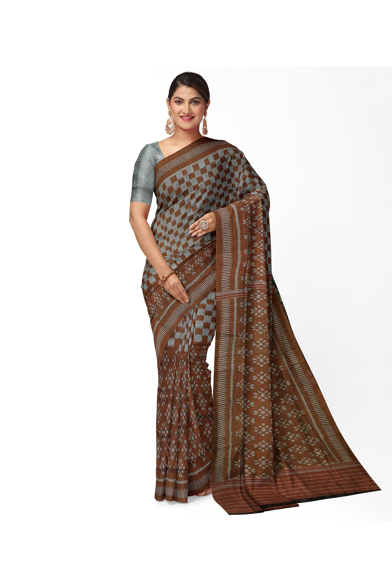 Cupper Grey Maniabandha Flower Motif Cotton Saree