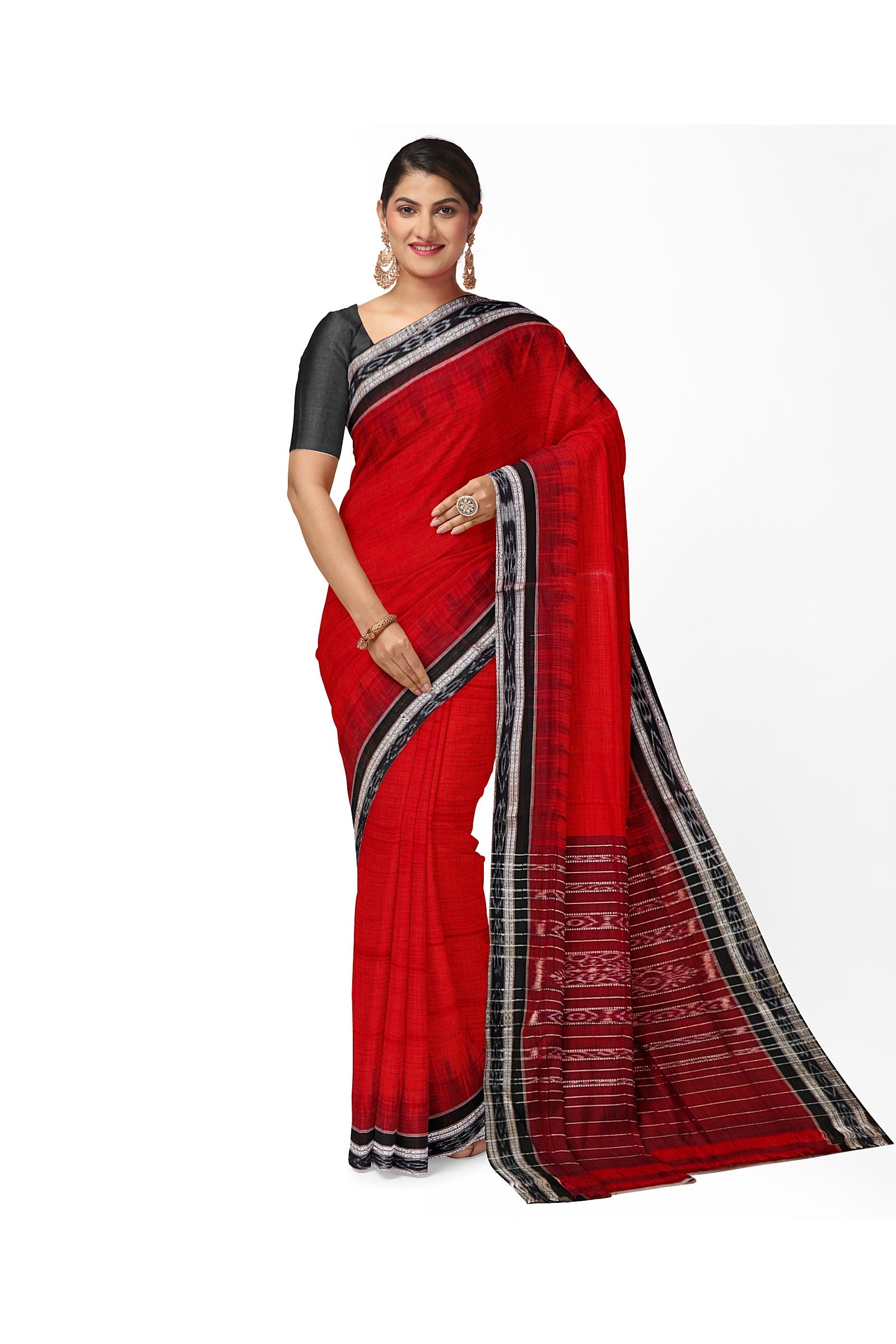 Red Maniabandha Black Striped Cotton Saree