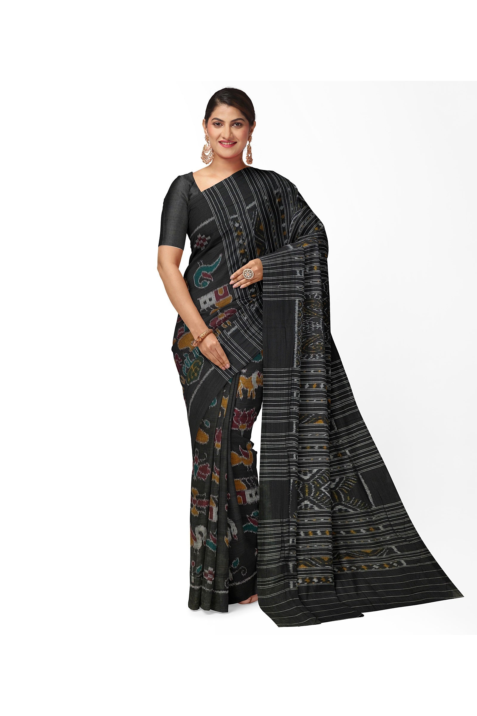 Black Nabarangi Sambalpuri Cotton Saree with Double Anchal