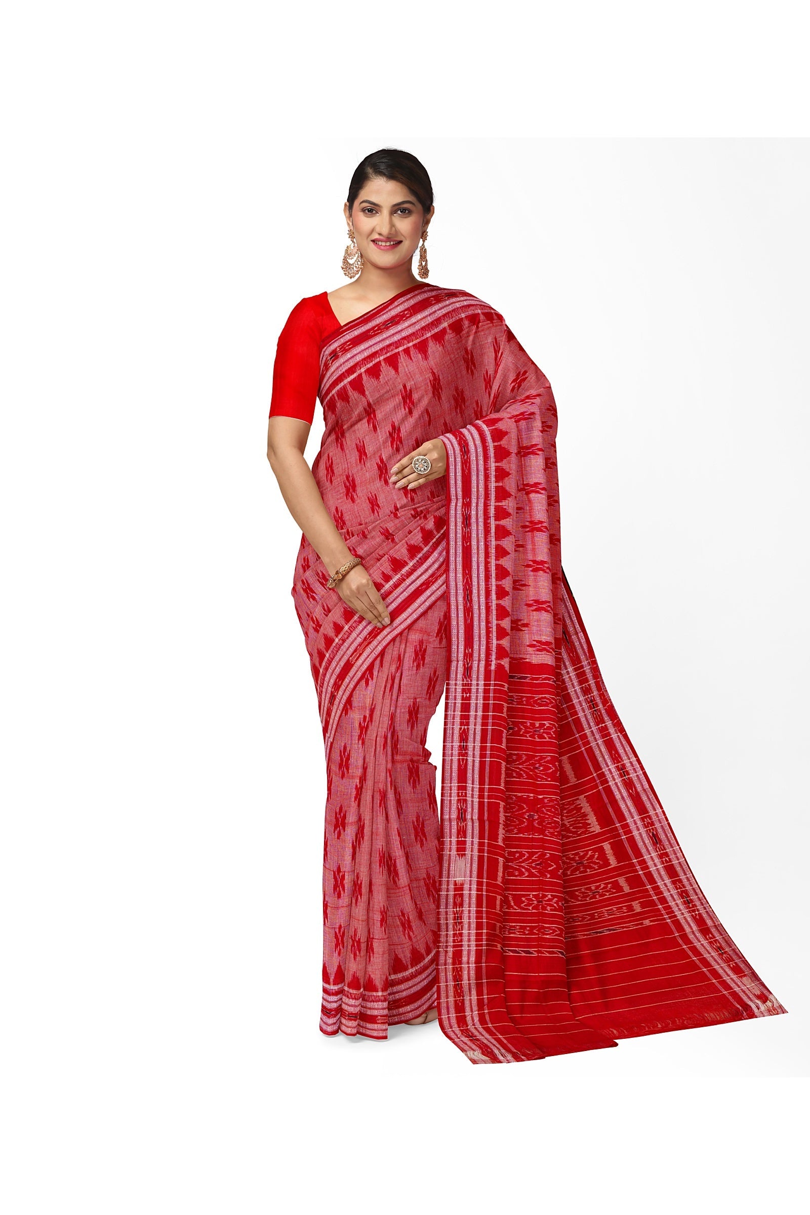 Light Red Maniabandha Butta Theme Cotton Saree