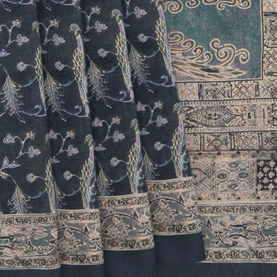 Green Muga Tussar Silk Saree With Block Print