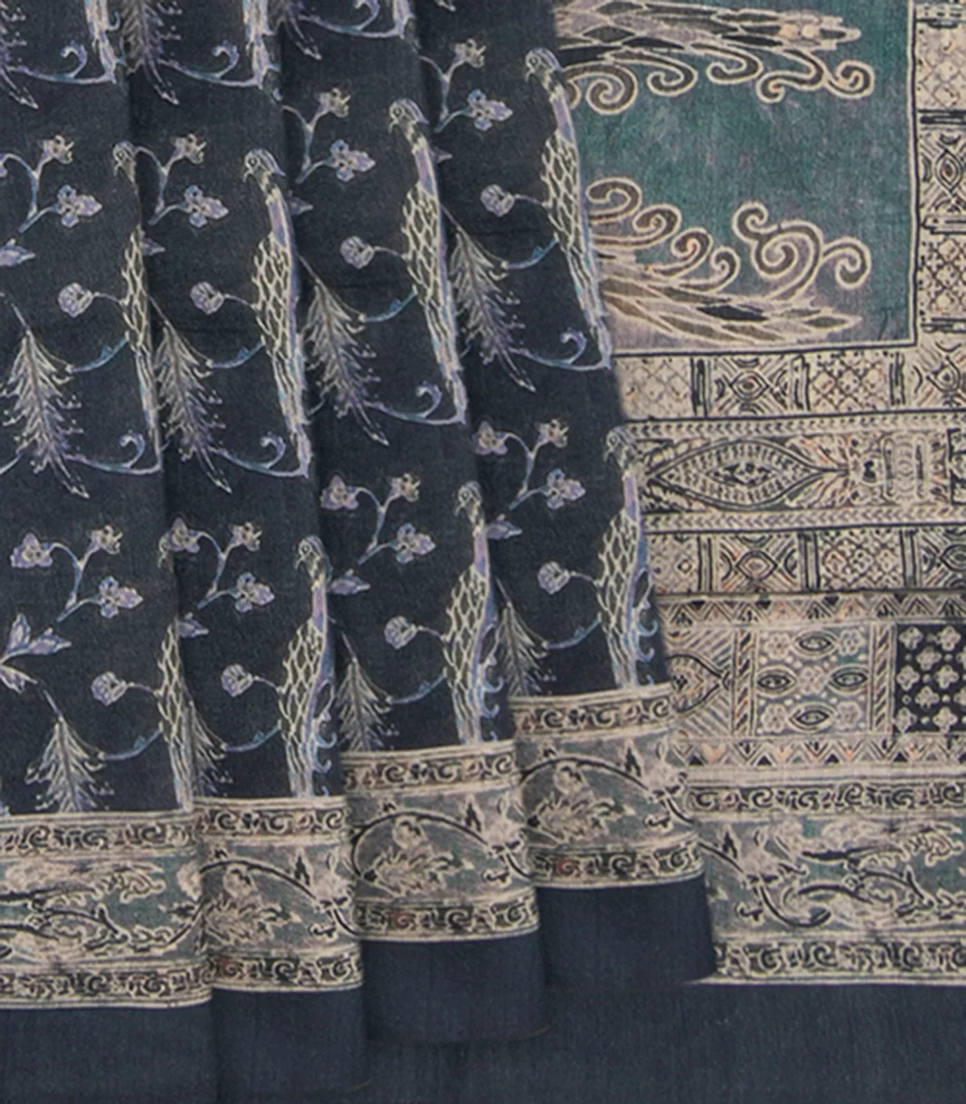 Green Muga Tussar Silk Saree With Block Print